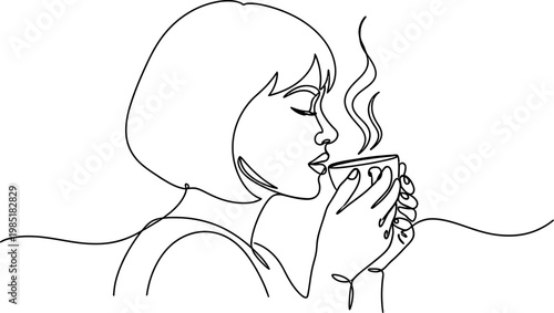 Woman drinking hot beverage in continuous line art style, steam rising from cup