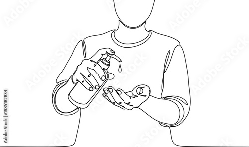 Person applying hand sanitizer, line art illustration, hygiene and cleanliness concept