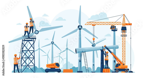 Wind Turbine Construction Site with Workers and Machinery.