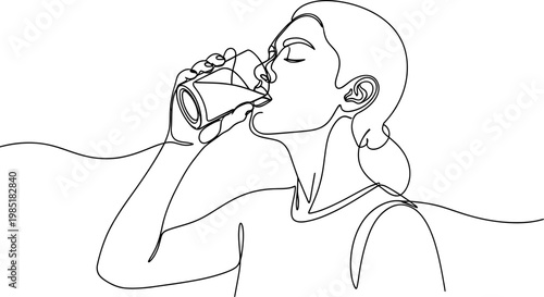 Woman drinking water from glass, continuous line drawing, minimalist style, refreshment