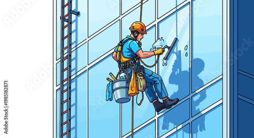 Window cleaner working at height on skyscraper.