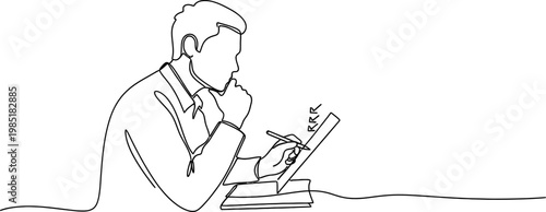 Man in suit writing in notebook, continuous line drawing, minimalist, focused, creative process