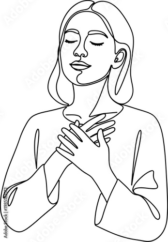 Woman with eyes closed, hands over heart, expressing gratitude and peace