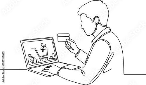 Man using credit card for online shopping on laptop, minimalist illustration