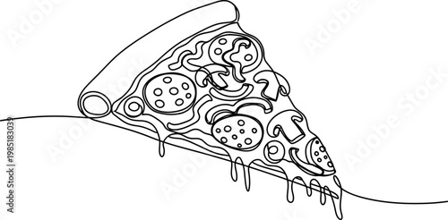 Continuous Line Art Slice of Pizza with Pepperoni and Mushrooms