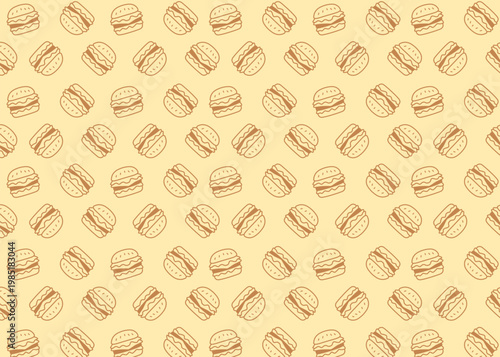 Seamless burger illustration pattern with brown outline and cream background, food packaging, menu illustration	