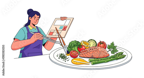 Woman artist meticulously plating a gourmet salmon dish with fresh vegetables.