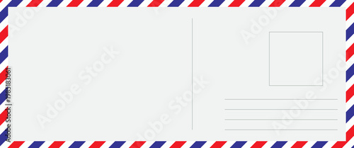 Vintage airmail postcard back template with diagonal blue and red stripe. Travel post card blank backside. Air mail envelope frame with postage place.