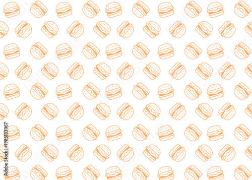 Seamless burger illustration pattern with orange outline and white background, food packaging, menu illustration	