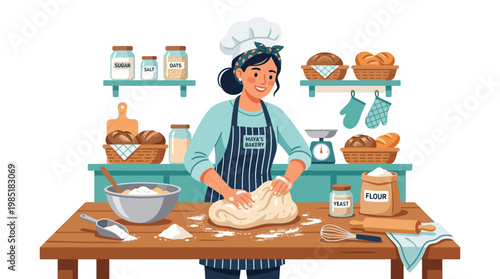 Woman baker kneading dough in a cozy kitchen setting.