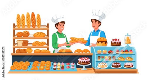 Two bakers working in a bakery shop.