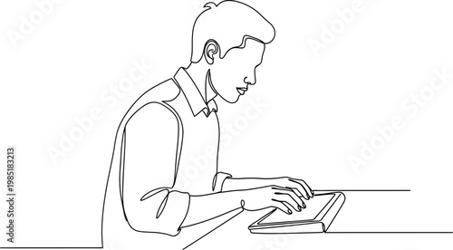 Man Typing on Laptop, Minimalist Single Line Drawing, Business Person Working