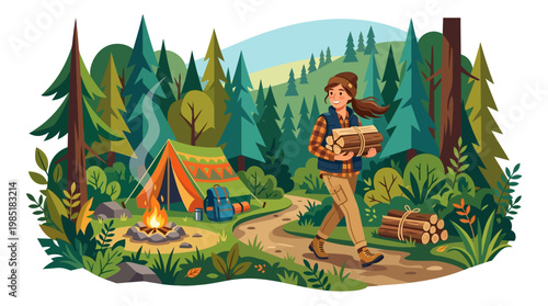 Woman carrying firewood for camping trip.
