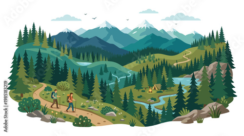 Two hikers explore a scenic mountain forest landscape.