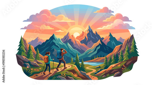 Two hikers trekking through a vibrant mountain landscape at sunrise.