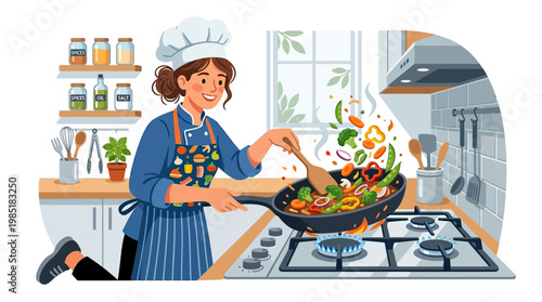 Woman Chef Cooking Stir Fry Vegetables in Kitchen.