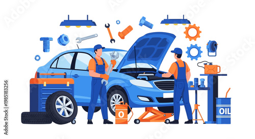 Two mechanics working on a car engine in a garage.