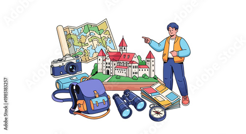 Traveler with Backpack and Castle Illustration.