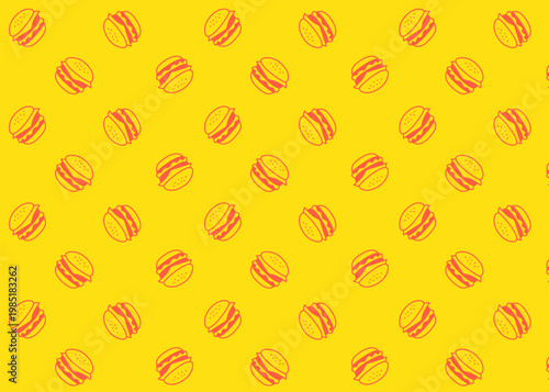 Seamless burger illustration pattern with orange outline and yellow background, food packaging, menu illustration	