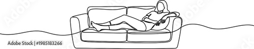 Minimalist continuous line drawing of a person relaxing on a sofa, simple and abstract