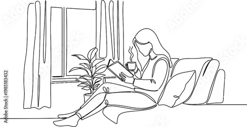 Woman reading book, drinking coffee on sofa, minimalist line art, cozy home scene