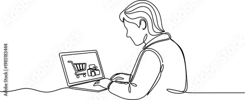Person using laptop for online shopping with cart and boxes on screen, single line drawing
