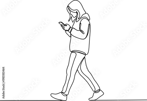 Continuous line drawing of a person walking with a smartphone