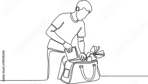 Man packing a duffel bag with books, single line drawing, minimalist travel preparation
