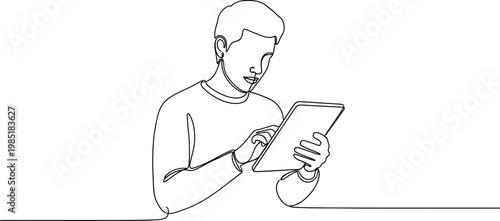 Continuous line drawing of a young man using a digital tablet on a white background.