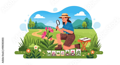 Woman examining flowers with magnifying glass in garden.