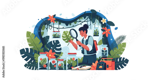 Woman examining plants with magnifying glass in a jungle setting.