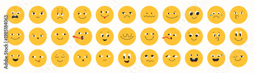 Different facial expressions various emojis emotions happiness, sadness surprise set. Abstract cute expressive emojis faces. Playful characters with eyes smiling or sad emotions face icons expressions