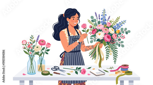 Woman Florist Arranging Beautiful Bouquet of Flowers.