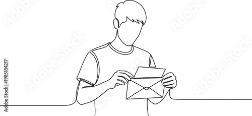 Continuous line drawing of a young man opening an envelope with letter