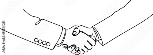 Business handshake line art, agreement, partnership, teamwork, trust, simple graphic illustration.