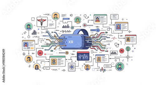 Virtual Reality Headset Connected to Digital Network and Data Flow.
