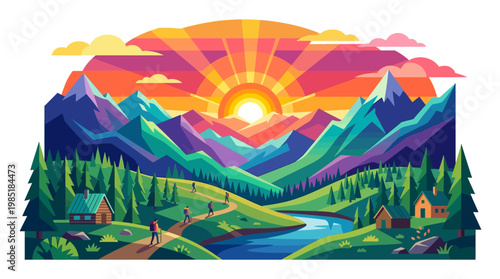 Vibrant Mountain Landscape with Sunrise and Forest.