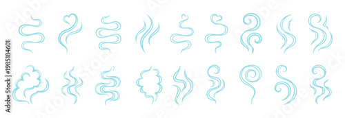 Steam and smoke icon set hand drawn doodle line set. Flowing swirls and curved lines representing aroma waves air scent. Minimal linear symbols soft motion, abstract vapor shapes and dynamic fluid
