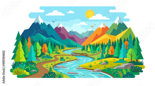 Vibrant Mountain Valley Landscape with Winding River and Lush Forests.