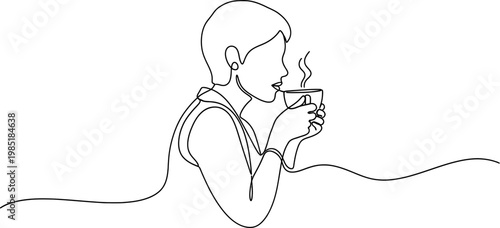 Minimalist line art of a person drinking hot beverage from a cup, steam rising.