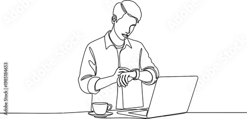 Continuous line drawing of man checking watch at desk with laptop and coffee