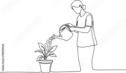 Woman watering potted plant, minimalist line art illustration