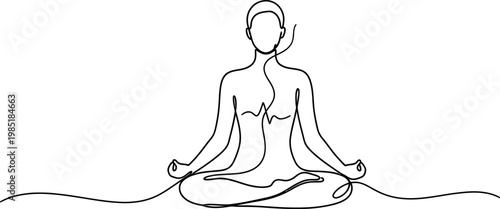 Continuous line drawing of a person meditating in lotus pose, representing yoga and mindfulness.