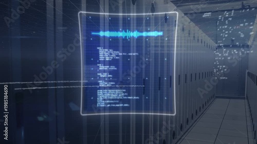 Vertical video: Checks running while camera gliding aisle, holo UI showing charts tracking racks