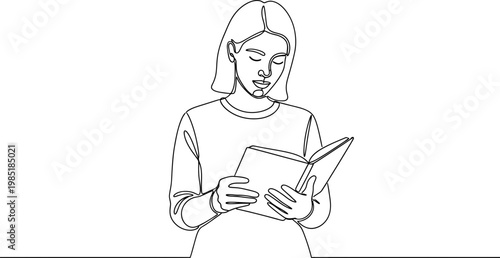 Woman reading book, continuous line drawing, simple art style, education concept