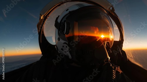 Fighter pilot in jet cockpit wearing flight helmet with oxygen mask, visor reflection against sunset sky, military aviation scene