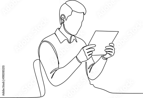 Man Reading Tablet Device, Continuous Line Drawing, Minimalist Business Concept
