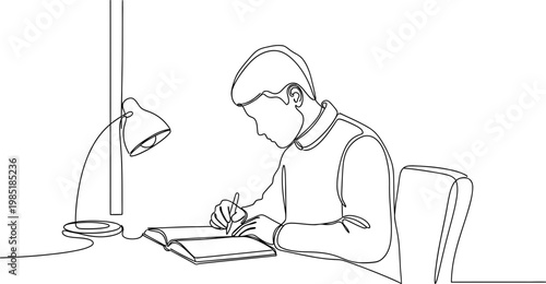 Continuous line drawing of a boy studying at a desk with a lamp
