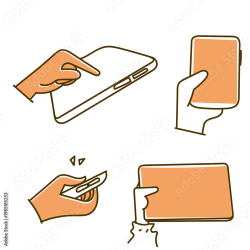 set of hands holding, pointing, and interacting with smartphones and digital tablets. Features minimal line art and simple flat color style with blank screens, perfect for UI/UX showcases, app present