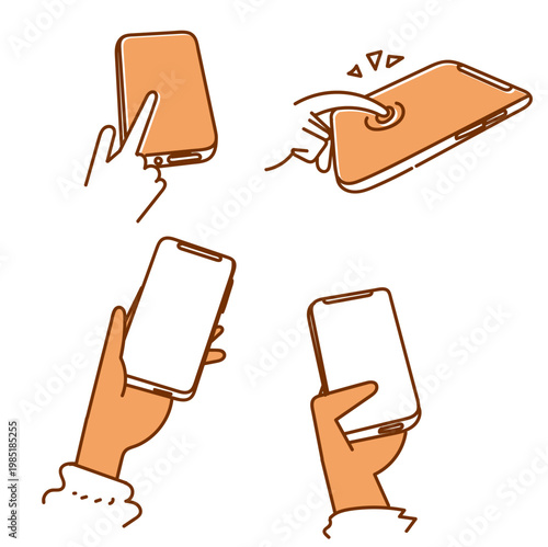 set of hands holding, pointing, and interacting with smartphones and digital tablets. Features minimal line art and simple flat color style with blank screens, perfect for UI/UX showcases, app present